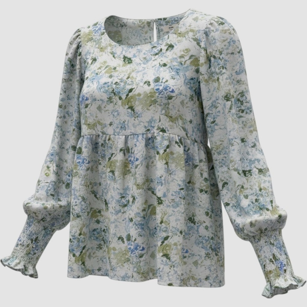 Entro Floral Babydoll Top Blue Green Watercolor Smocked Cuff Blouse T20069 M - Picture 2 of 8